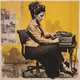 woman typing on a vintage typewriter against a yellow wall