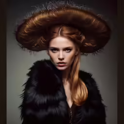 the girl with the long red hair is dressed in a fur coat and hat
