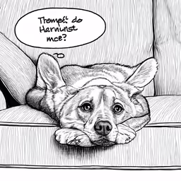 a dog lying on the couch in front of a speech bubble