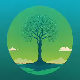 a drawing of a tree in a round frame,this illustration depicts a tree that stands in front of an orange moon