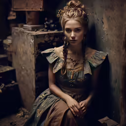 a beautiful woman wearing a dress in an old room