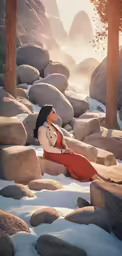 a woman sitting on rocks with snow in front of her