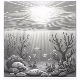 the bottom view of an ocean scene with a fish and corals,a drawing of some underwater life on the bottom of the water,the underwater scene is shown as it