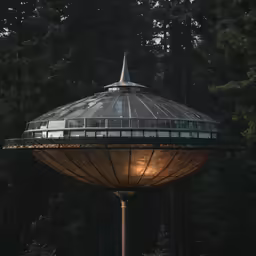 a glass and steel dome stands in front of many trees