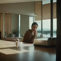 woman sitting at kitchen counter, talking on cell phone