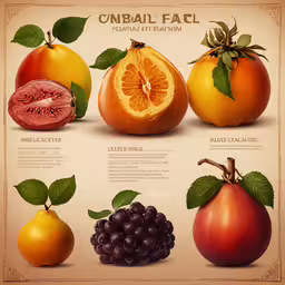 various fruits on a plate and some with names,several fruits have been drawn in the style of an old poster
