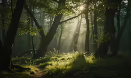 the sunlight streams through a forest filled with trees and grass