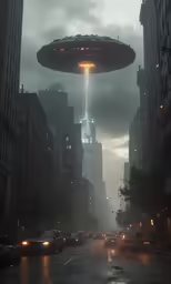 an alien hovering over the street in a city at night