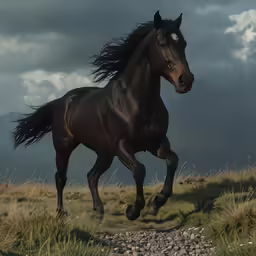 black horse with its tail blowing in the wind on a grassy hill