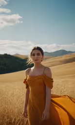 the young woman poses for a photo in an open field