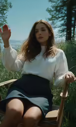 a woman in a short skirt is holding a wooden stick