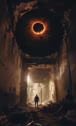 a man walks through a rundown industrial building with spotlights