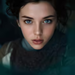 a young woman with blue eyes and a brown scarf around her neck