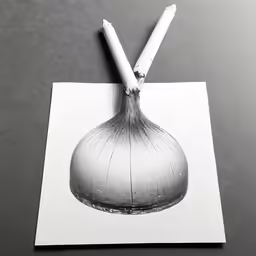 a paper with an onion and a pencil sticking out of it