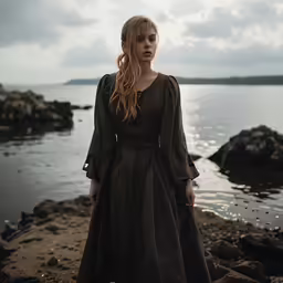 woman in long brown dress walking along the water