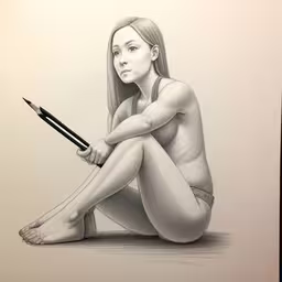 drawing of woman sitting with long legs, wearing short shorts and holding pencil in her right hand,a pencil drawing of a naked woman with long hair