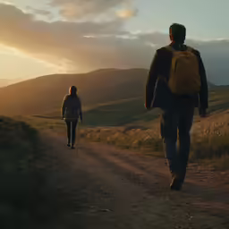 two people walking down a dirt path on the side of a hill