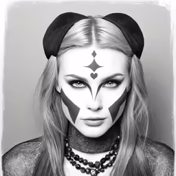 a woman with painted face, wearing a black and white costume