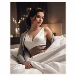 a woman laying on top of a white sheet covered bed