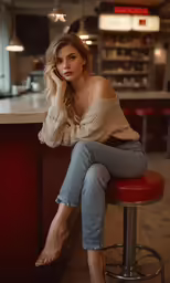 a beautiful blonde woman sitting at a counter while talking on the phone