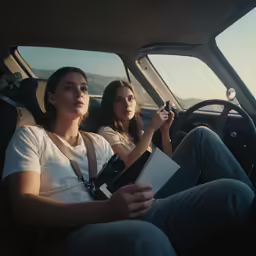 two women are sitting in the back seat of a vehicle