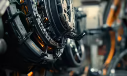 gears of a motorcycle, some with yellow and silver markings