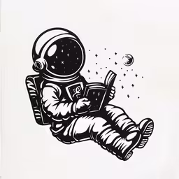 a black and white drawing of an astronaut reading a book,an astronaut reading a book while sitting on the ground