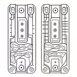 a diagram of the same type of device,a diagram of a door handle and front panel,diagram showing two components in front of white background,a drawing of a piece of artwork consisting of a pair of metal pieces,a picture of an engine block in technical drawing