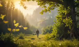 a man walking on a field next to a forest