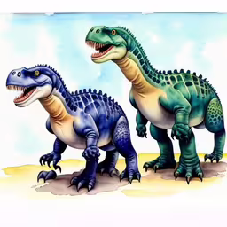 two large dinosaurs walking next to each other
