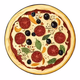 a pizza with toppings, olives, sun dried tomatoes and tomatoes on a white background