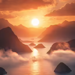 the sun is setting on a mountain valley