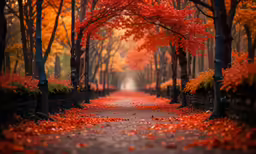 a forest path in autumn with orange leaves on the trees