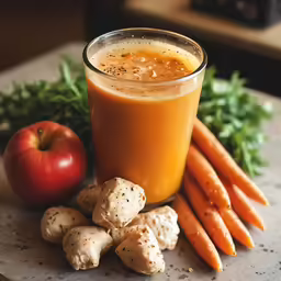 a cup of carrot juice sits next to a pile of carrots and some parsley