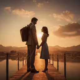 two people standing on a dock holding hands