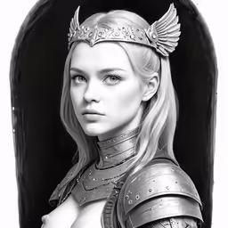 a woman wearing armor and posing for a black and white photograph