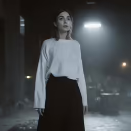 a young woman in black and white stands in a dimly lit room