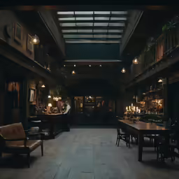 a very dimly lit old fashioned restaurant with several tables and chairs