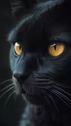 a black cat with yellow eyes staring into the camera