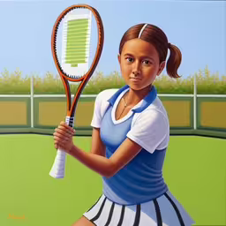 a painting of a woman holding a tennis racket,painting of a woman tennis player holding a tennis racquet