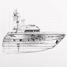 a white boat on water with a black and white background