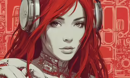 the red haired girl wearing headphones with long hair