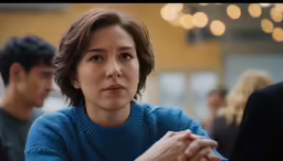 the woman in the blue sweater is sitting at a table