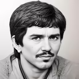 a black and white photo of a man with a mustache