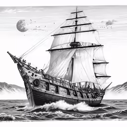 a drawing of a boat that is sailing in the ocean