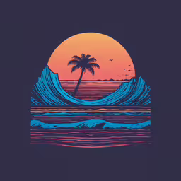 a stylized art piece featuring the sun and waves and a palm tree,a palm tree sitting on top of a wave in the ocean