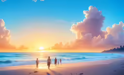some people are on the beach in the sunset