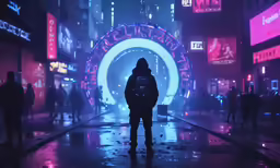 a man standing in a street in front of neon lights