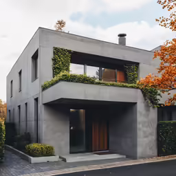a modern gray concrete house with plants growing on the balconies