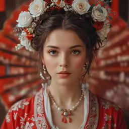 the woman is wearing an oriental dress and headpiece